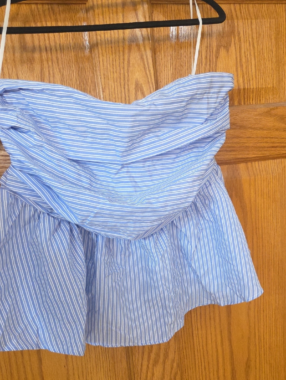 SHEIN Blue and White Striped Strapless Top with Peplum Hem